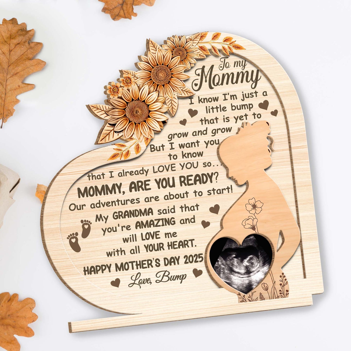 Plaque en bois personnalisée pour la fête des Mères, fleurs, profil de femme enceinte - Plaque en bois personnalisée à 2 couches avec base plate - MOM080_WPLA