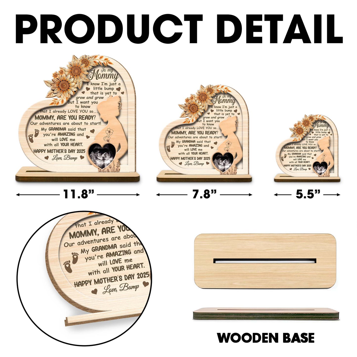 Plaque en bois personnalisée pour la fête des Mères, fleurs, profil de femme enceinte - Plaque en bois personnalisée à 2 couches avec base plate - MOM080_WPLA