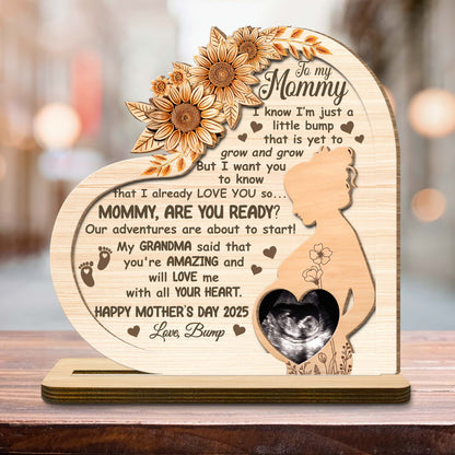 Plaque en bois personnalisée pour la fête des Mères, fleurs, profil de femme enceinte - Plaque en bois personnalisée à 2 couches avec base plate - MOM080_WPLA