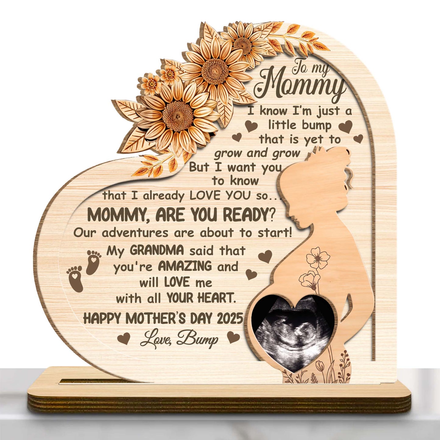 Plaque en bois personnalisée pour la fête des Mères, fleurs, profil de femme enceinte - Plaque en bois personnalisée à 2 couches avec base plate - MOM080_WPLA