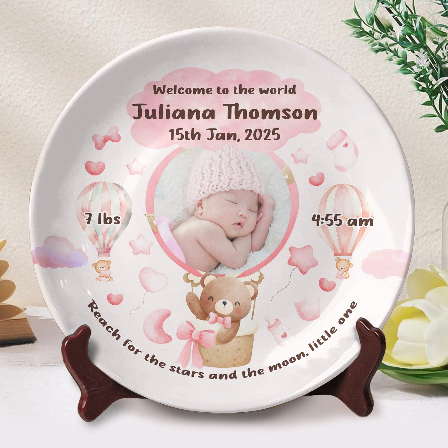 Welcome To The World, Reach For The Stars And Moon, Teddy Bear And Hot Air Balloon