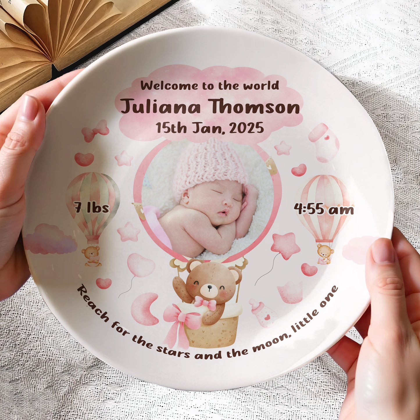 Welcome To The World, Reach For The Stars And Moon, Teddy Bear And Hot Air Balloon