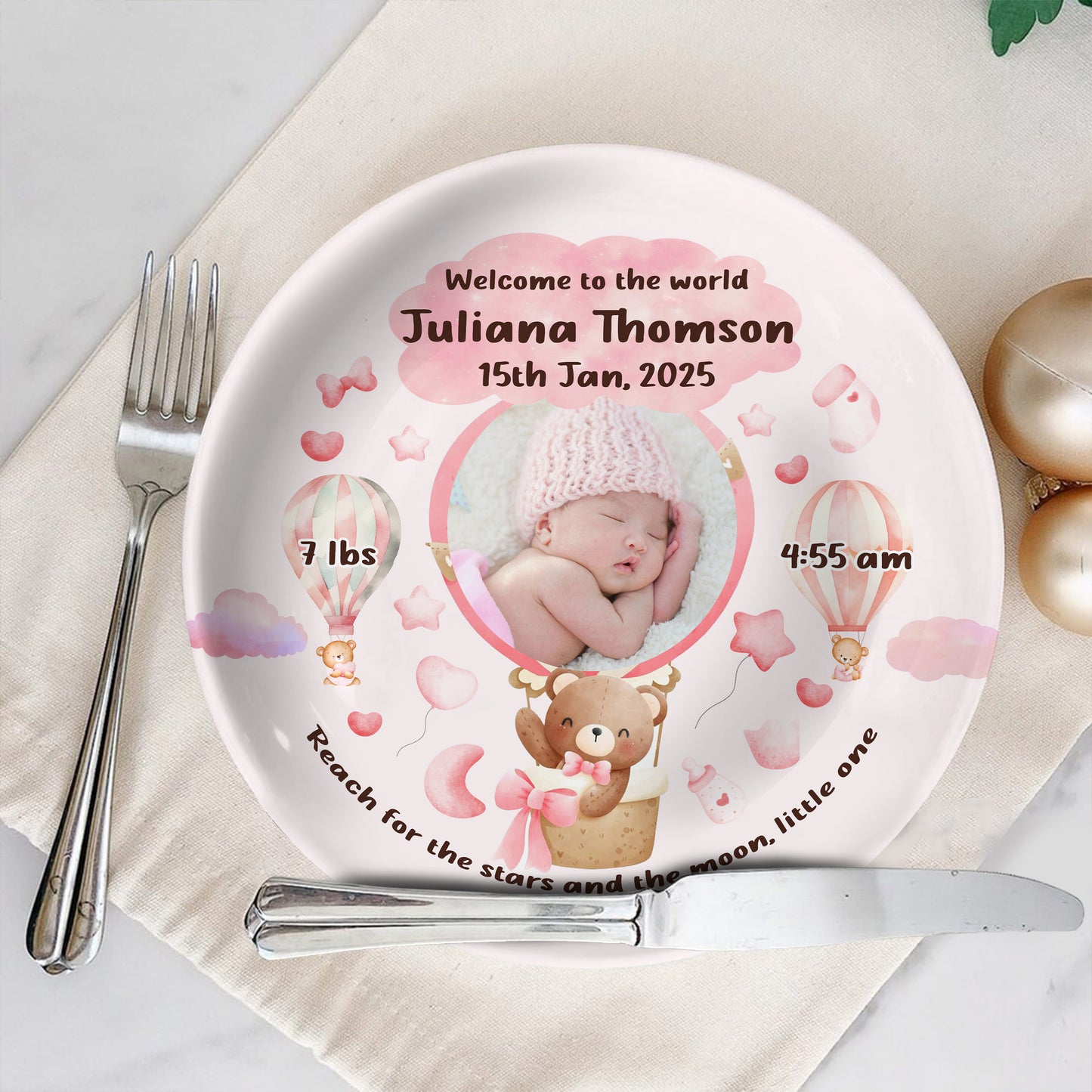 Welcome To The World, Reach For The Stars And Moon, Teddy Bear And Hot Air Balloon