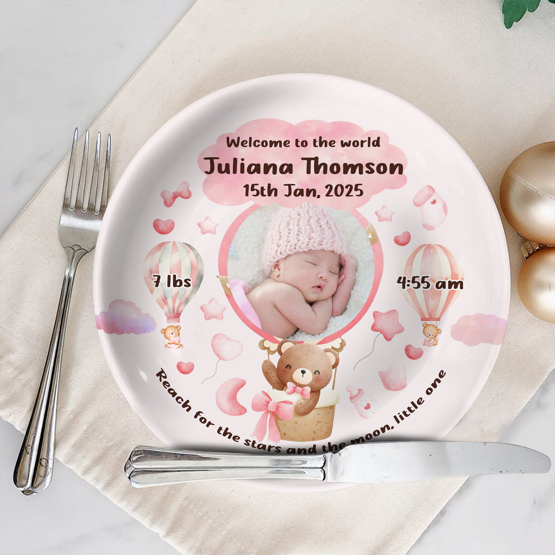 Welcome To The World, Reach For The Stars And Moon, Teddy Bear And Hot Air Balloon