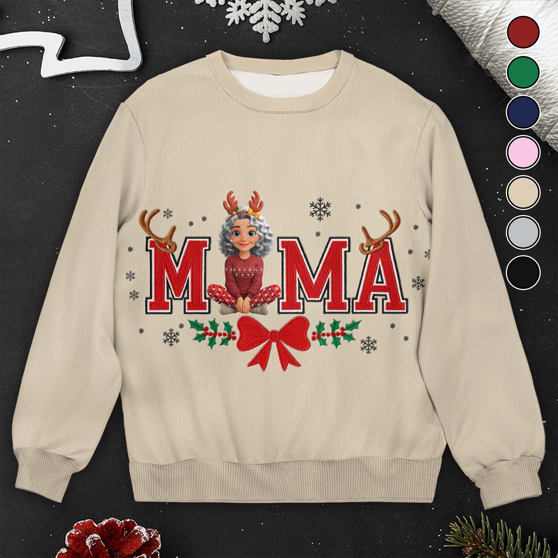 Mama Christmas Sweater With Holly and Reindeer Antlers