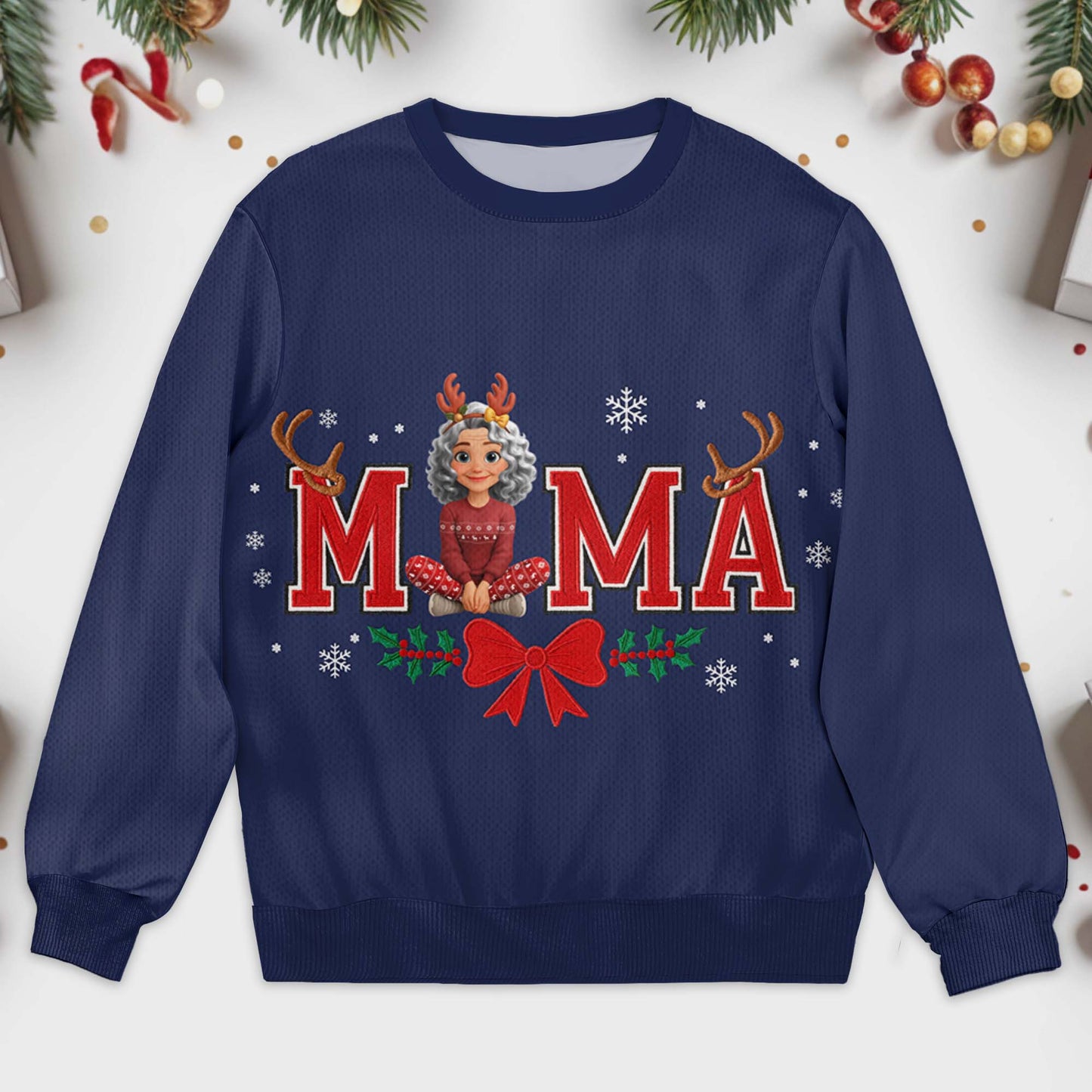 Mama Christmas Sweater With Holly and Reindeer Antlers