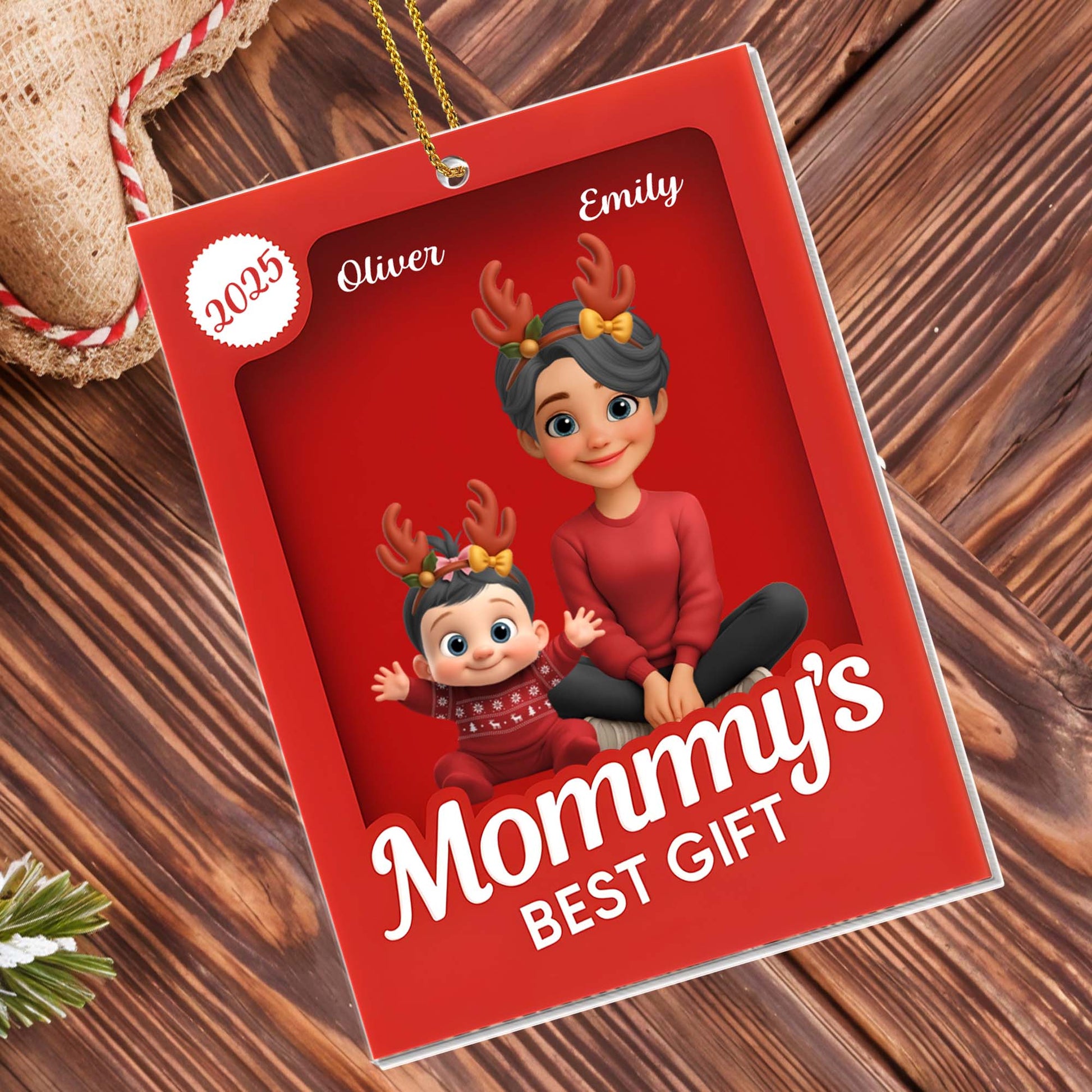 Mommy's Best Gift, Mother And Child With Reindeer Antlers