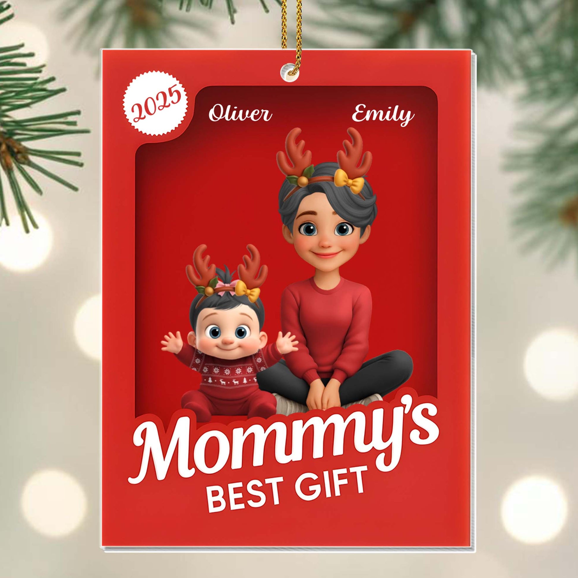 Mommy's Best Gift, Mother And Child With Reindeer Antlers