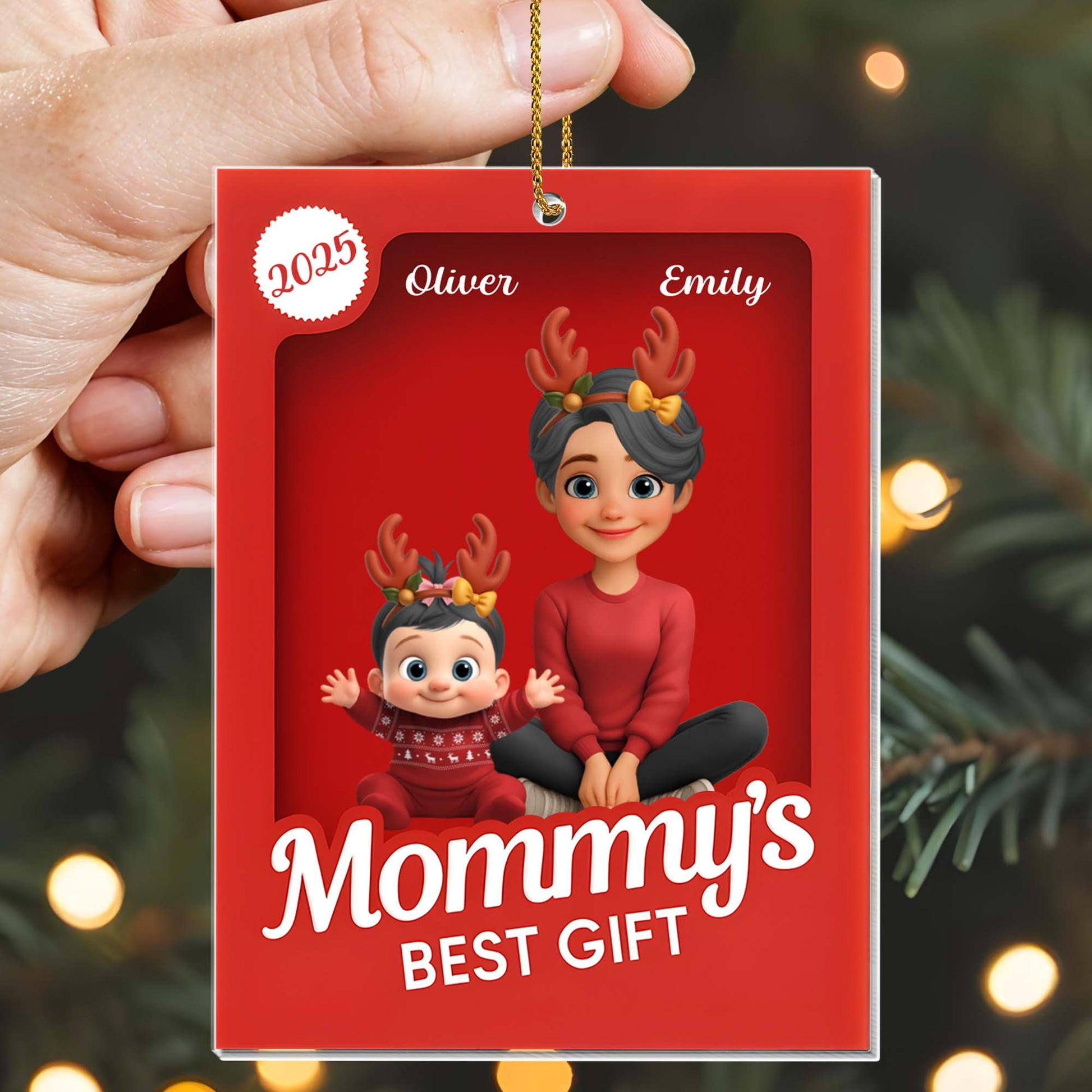 Mommy's Best Gift, Mother And Child With Reindeer Antlers