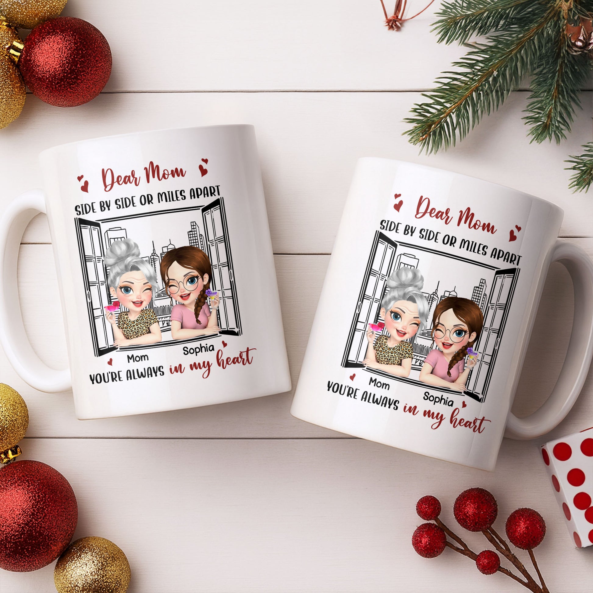 Dear Mom Side By Side Or Miles Apart Cityscape And Hearts Design