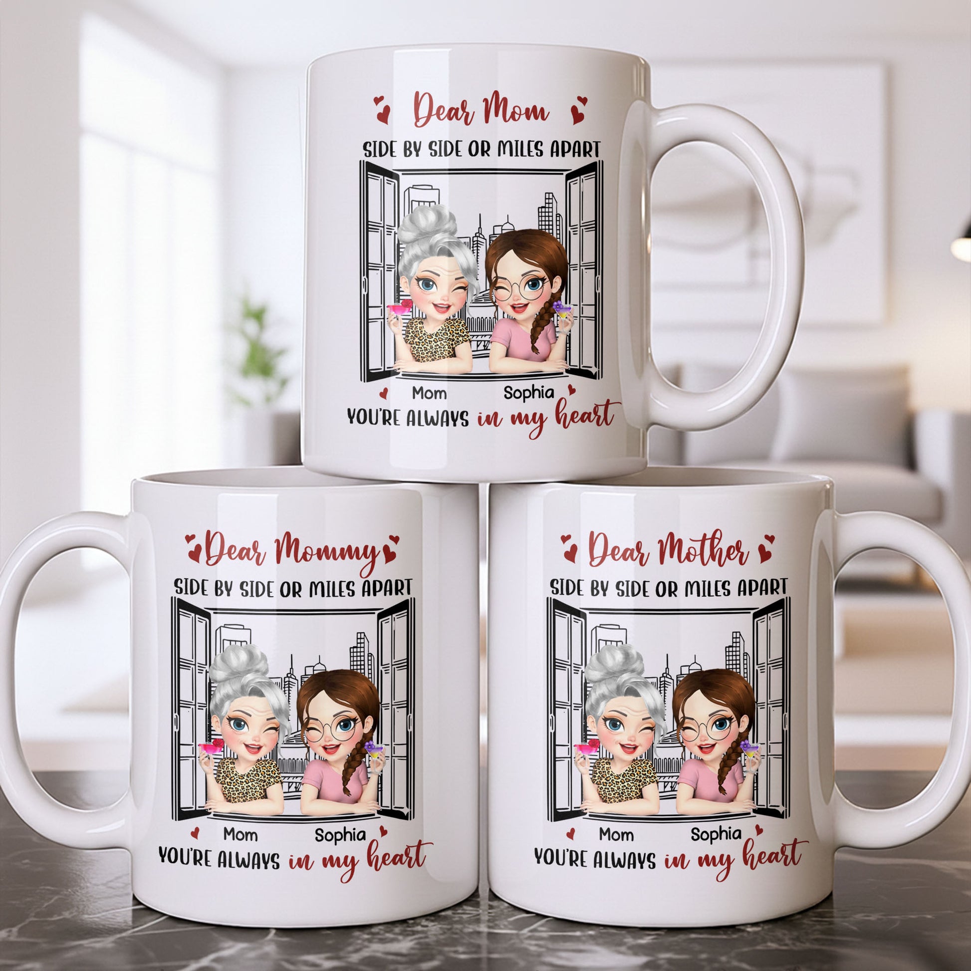 Dear Mom Side By Side Or Miles Apart Cityscape And Hearts Design