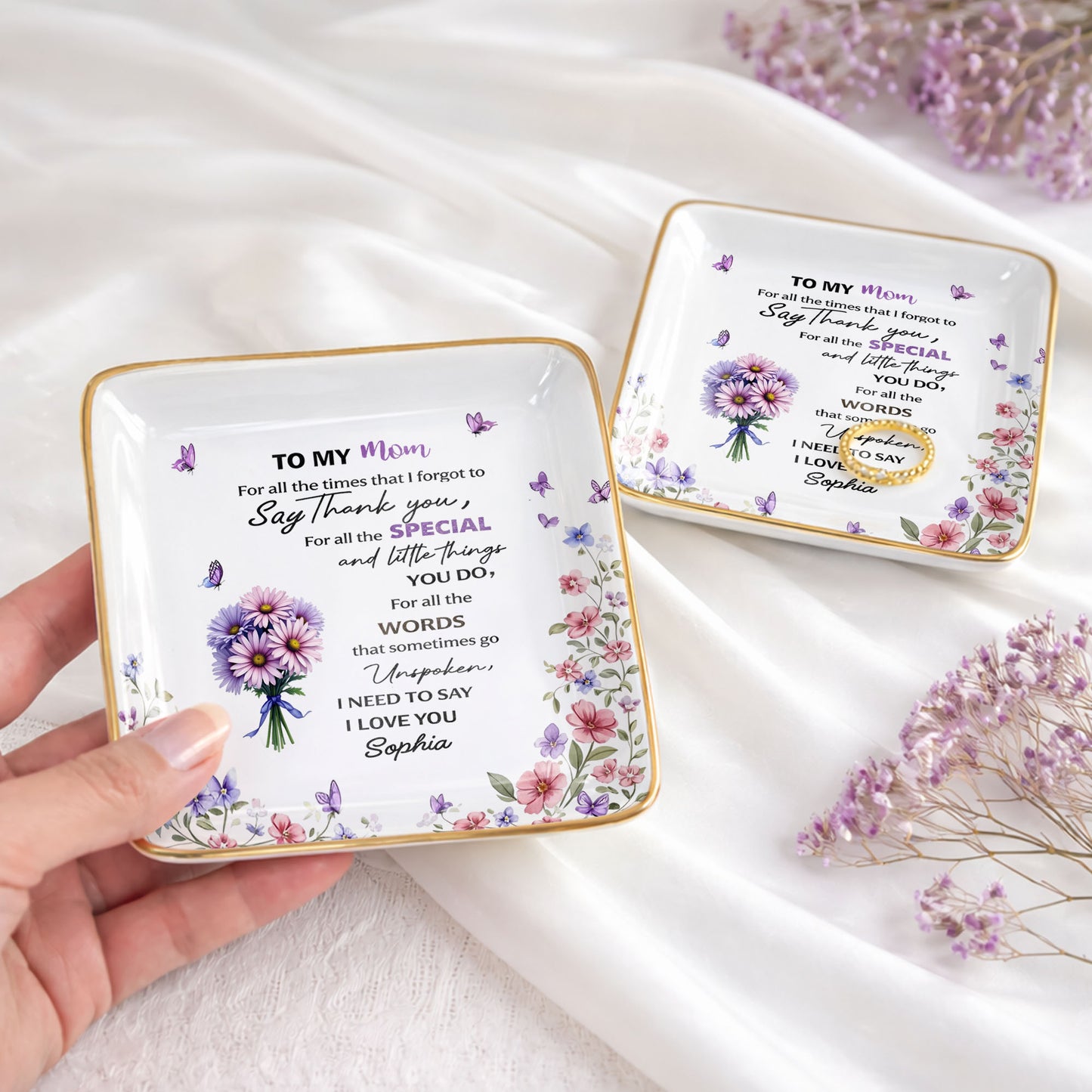 To My Mom For All The Times Flowers And Butterflies - Personalized Custom Jewelry Dish, Ceramic Dish, Square Shape - MOM154_SCRF