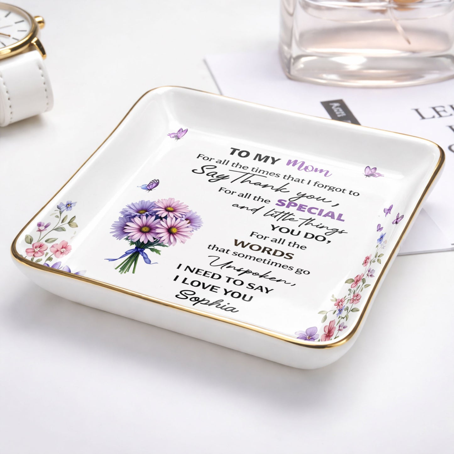 To My Mom For All The Times Flowers And Butterflies - Personalized Custom Jewelry Dish, Ceramic Dish, Square Shape - MOM154_SCRF