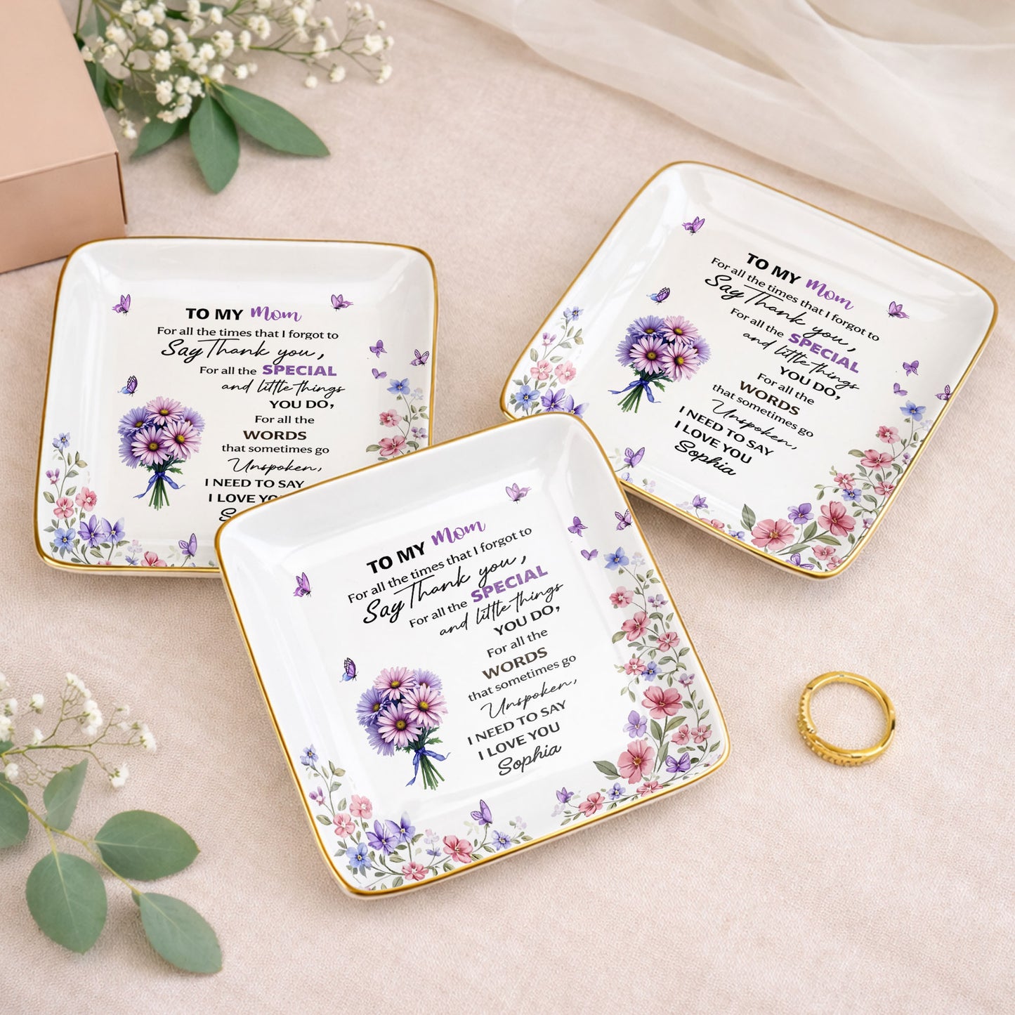 To My Mom For All The Times Flowers And Butterflies - Personalized Custom Jewelry Dish, Ceramic Dish, Square Shape - MOM154_SCRF
