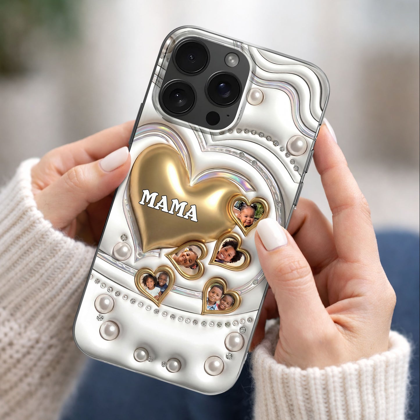 Mama Gold Hearts And Pearls With Custom Photos - Personalized Clear Phone Case - MOM176_PHC