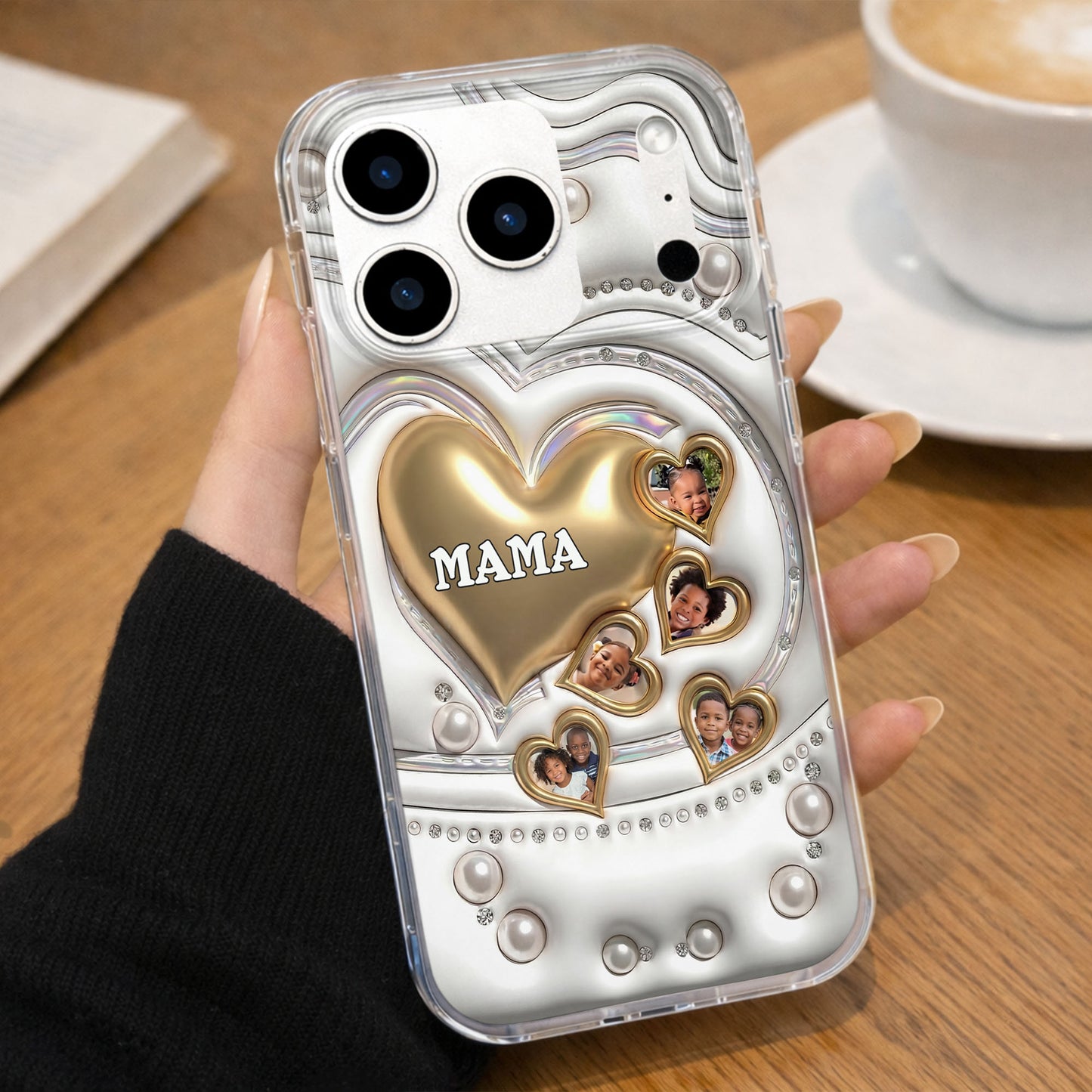 Mama Gold Hearts And Pearls With Custom Photos - Personalized Clear Phone Case - MOM176_PHC