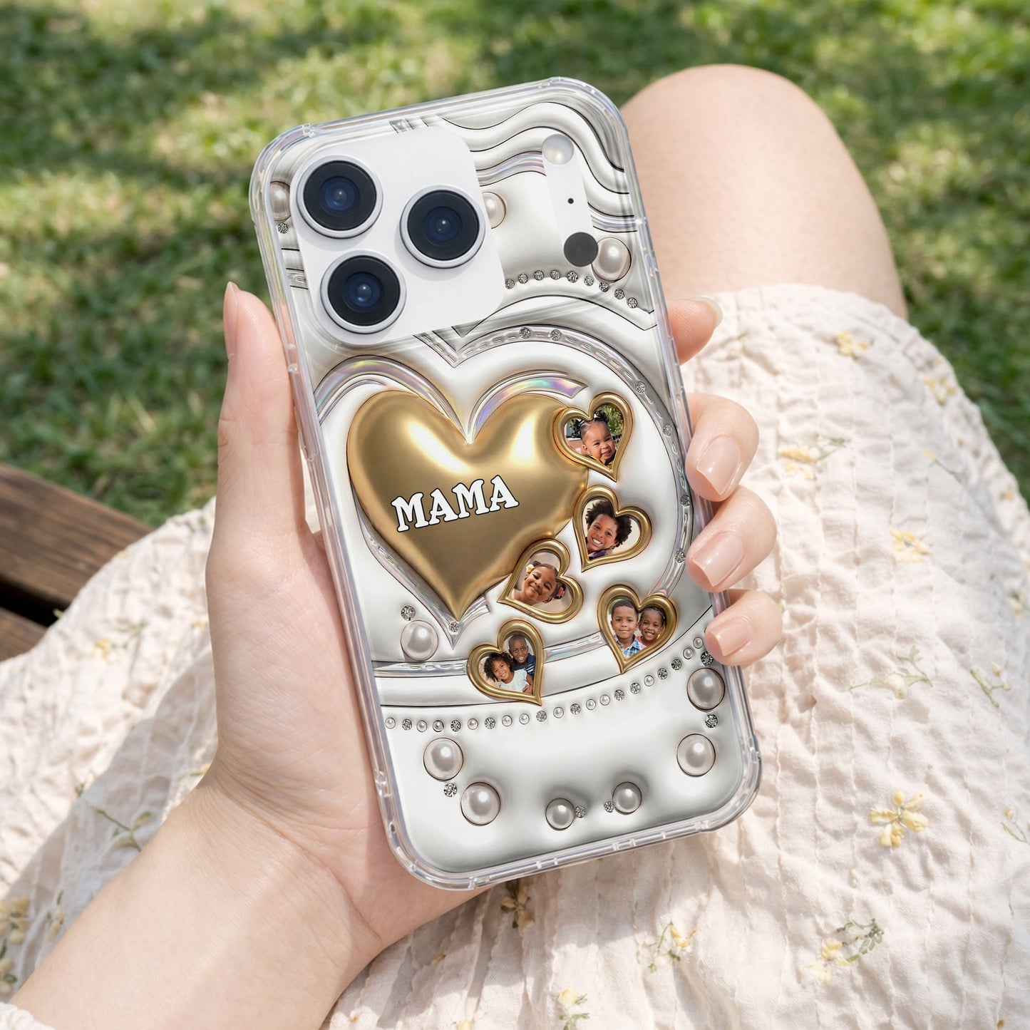 Mama Gold Hearts And Pearls With Custom Photos - Personalized Clear Phone Case - MOM176_PHC