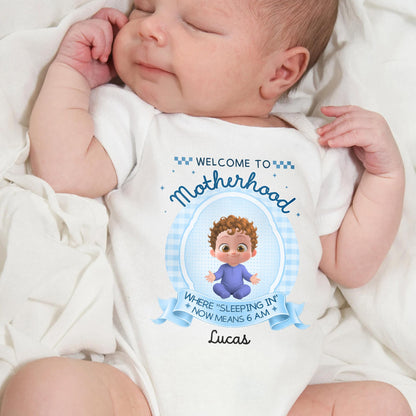 Welcome To Motherhood Sleeping In Now Means 6 AM Cute Baby Girl - Personalized Custom Baby Onesie - MOM188_ONES