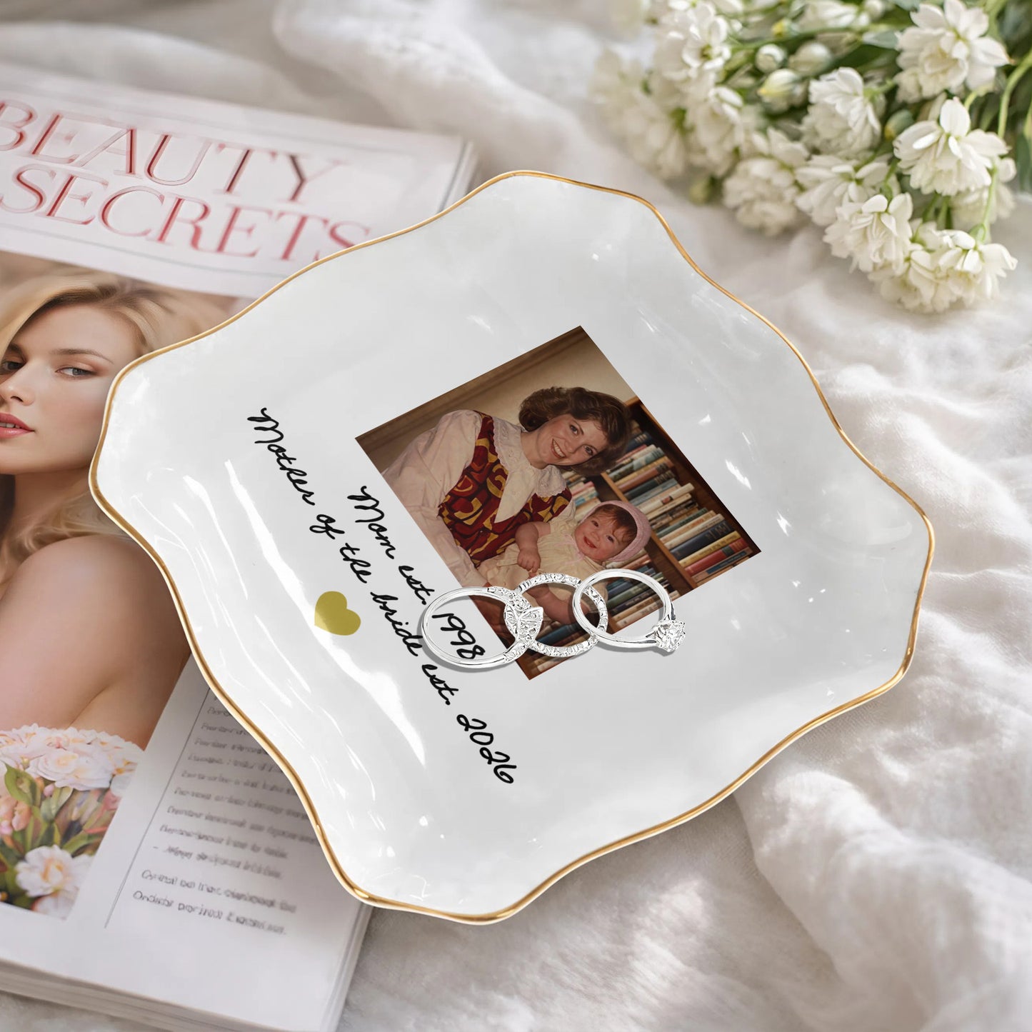 Mom Mother Of The Bride Photo Upload Heart - Personalized Lace Square Jewelry Dish - MOM275_LCRF