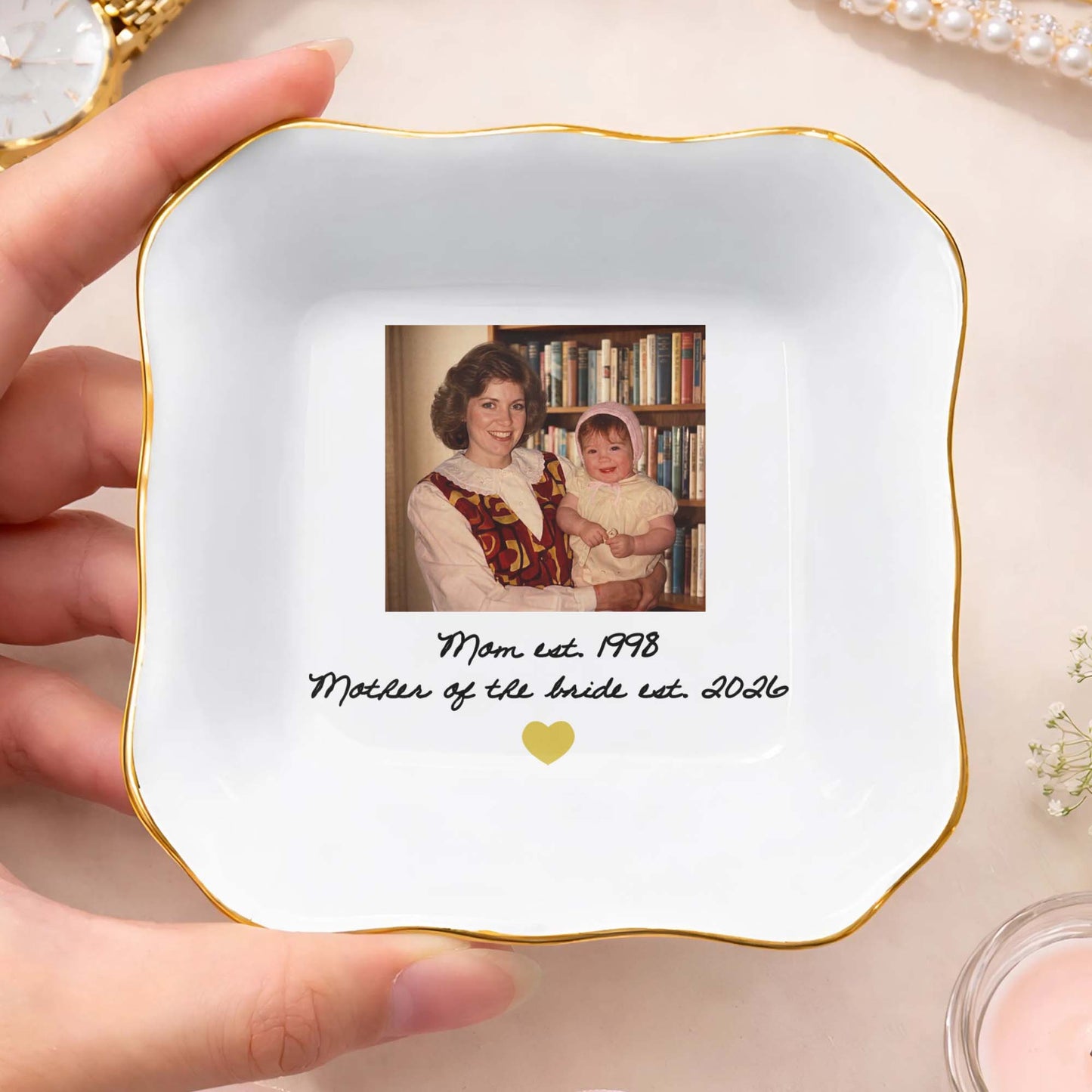 Mom Mother Of The Bride Photo Upload Heart - Personalized Lace Square Jewelry Dish - MOM275_LCRF