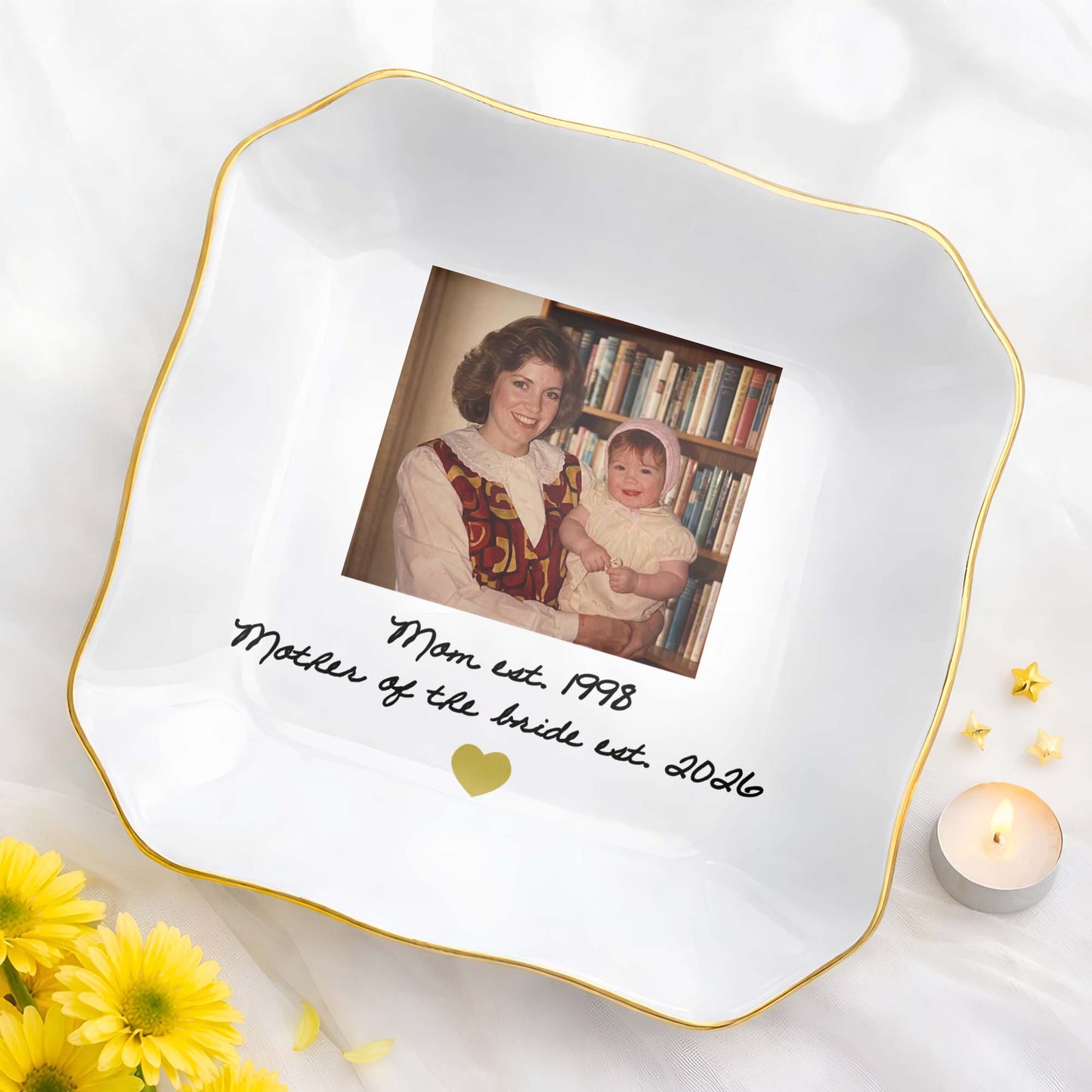 Mom Mother Of The Bride Photo Upload Heart - Personalized Lace Square Jewelry Dish - MOM275_LCRF