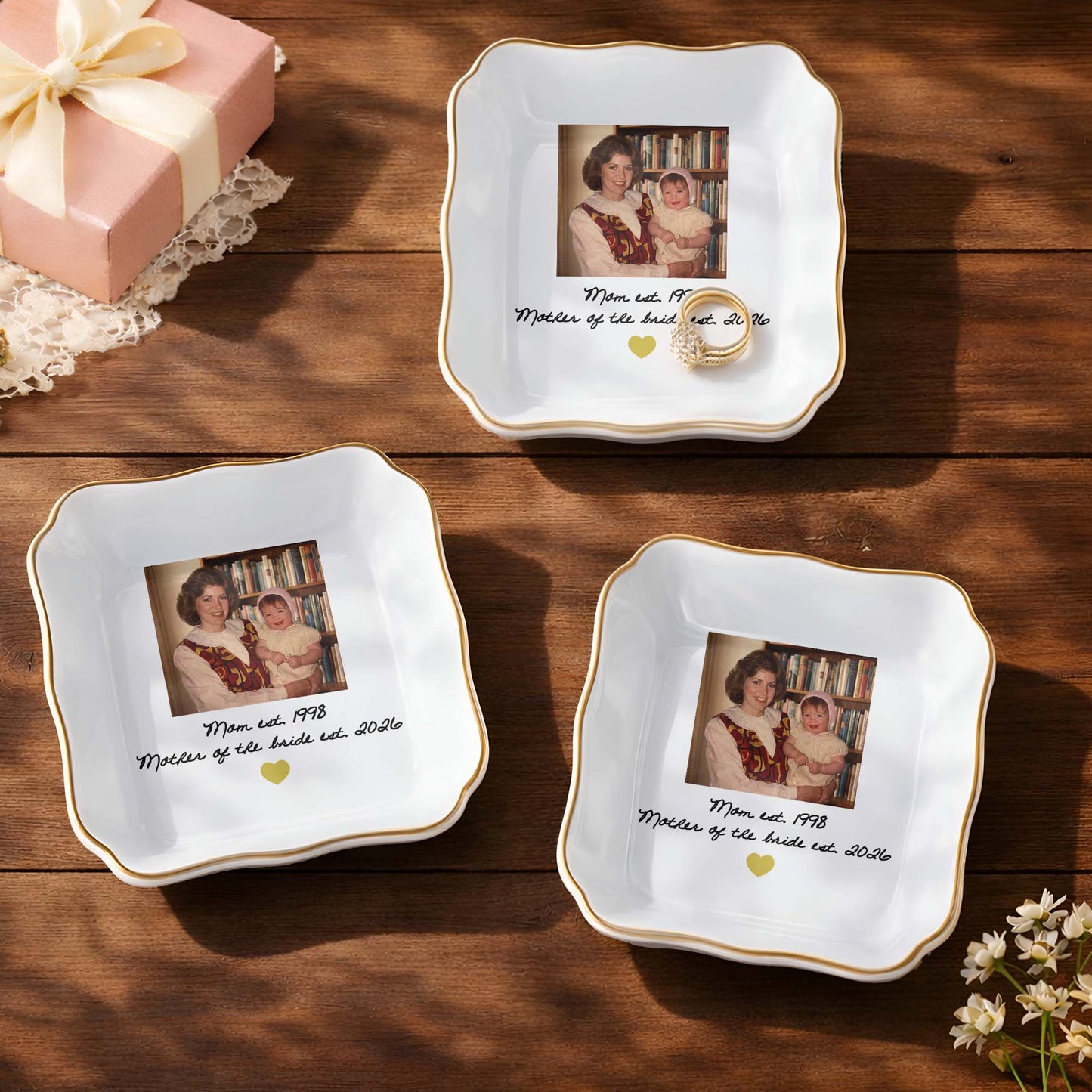 Mom Mother Of The Bride Photo Upload Heart - Personalized Lace Square Jewelry Dish - MOM275_LCRF