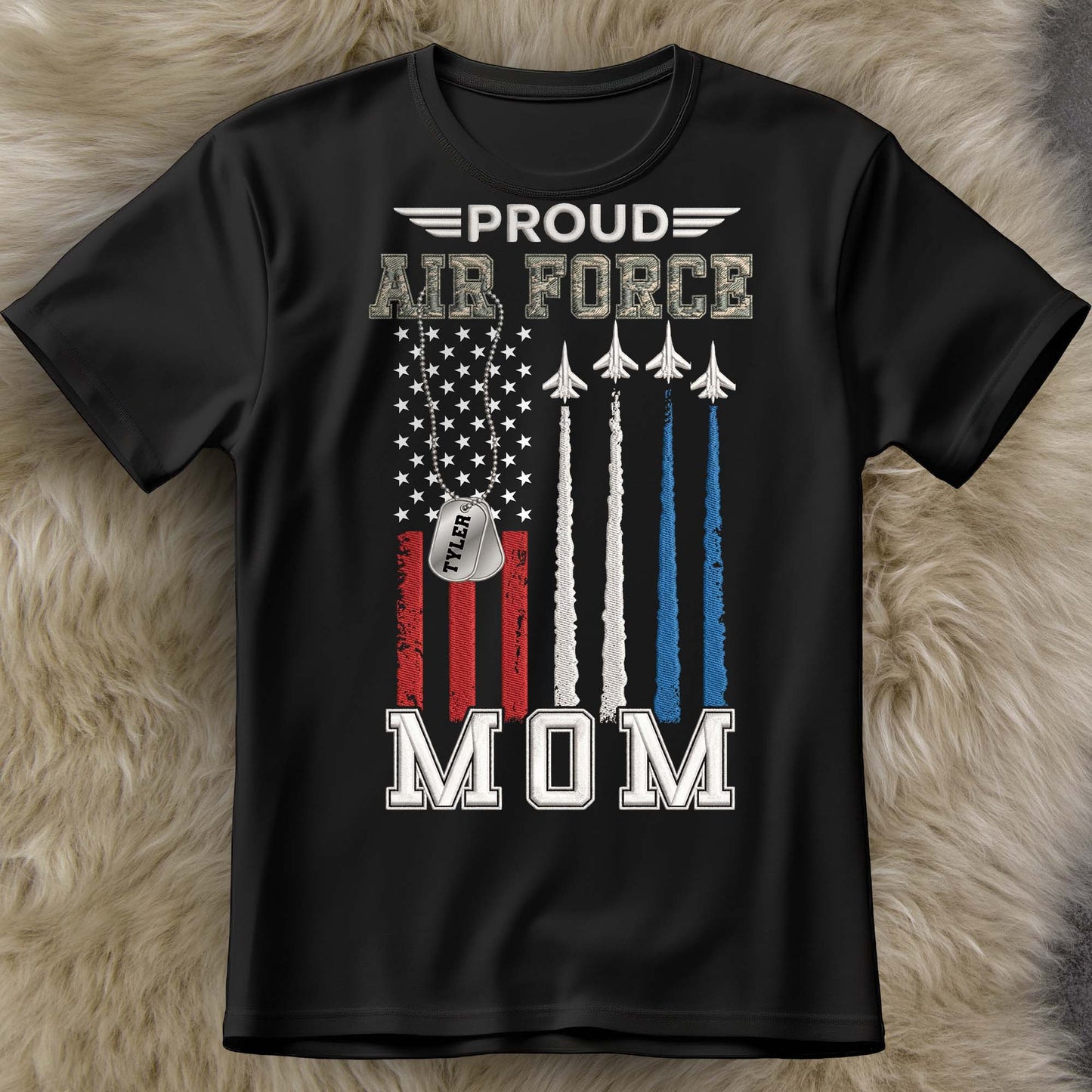 Proud Air Force Mom American Flag Jets Dog Tag Design - Personalized Custom Unisex T-shirt, Hoodie - MOM304_BBAS
