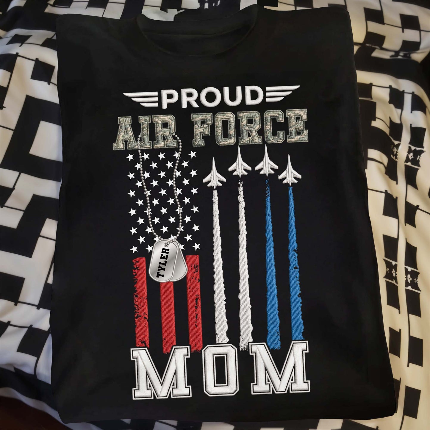 Proud Air Force Mom American Flag Jets Dog Tag Design - Personalized Custom Unisex T-shirt, Hoodie - MOM304_BBAS