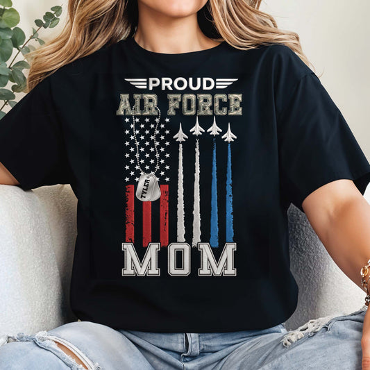 Proud Air Force Mom American Flag Jets Dog Tag Design - Personalized Custom Unisex T-shirt, Hoodie - MOM304_BBAS