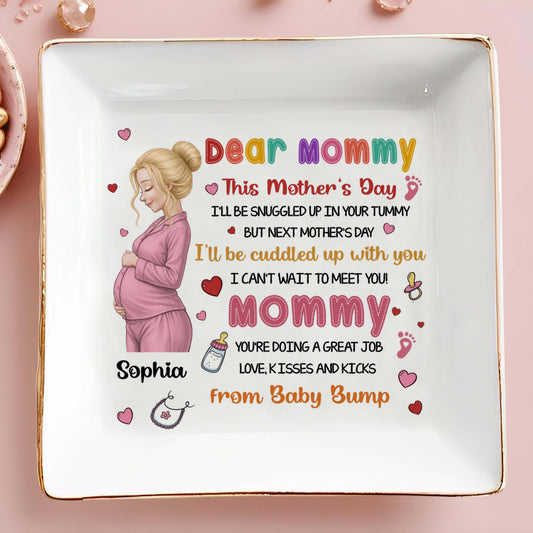 Dear Mommy From Baby Bump Personalized Pregnant Woman Hearts Footprints - Personalized Custom Jewelry Dish, Square Ceramic Dish - MOM327_SCRD