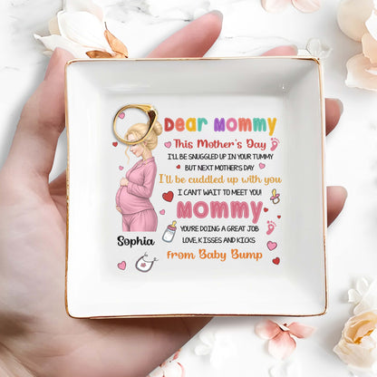 Dear Mommy From Baby Bump Personalized Pregnant Woman Hearts Footprints - Personalized Custom Jewelry Dish, Square Ceramic Dish - MOM327_SCRD