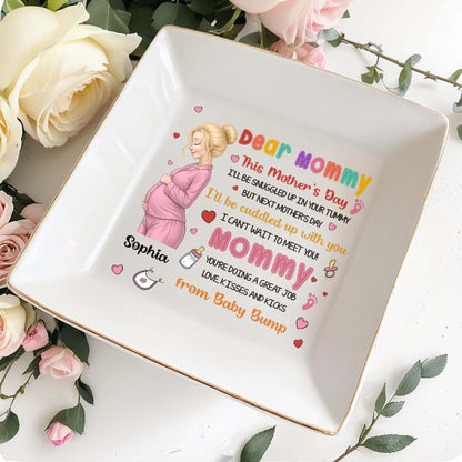 Dear Mommy From Baby Bump Personalized Pregnant Woman Hearts Footprints - Personalized Custom Jewelry Dish, Square Ceramic Dish - MOM327_SCRD