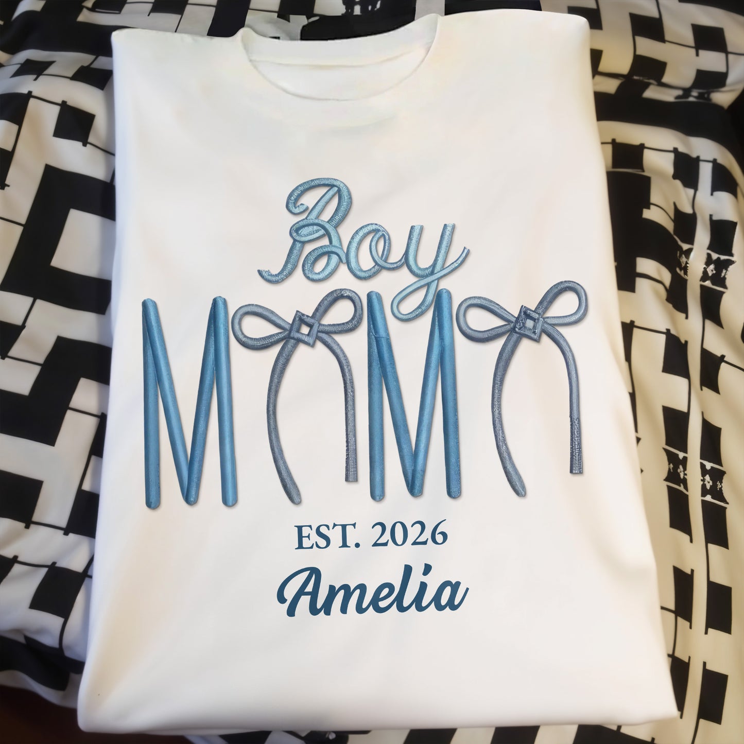 Boy Mama Est With 3D Embroidery And Blue Bows - Personalized Custom Unisex T-shirt, Hoodie - MOM389_WBAS