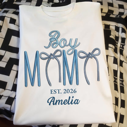 Boy Mama Est With 3D Embroidery And Blue Bows - Personalized Custom Unisex T-shirt, Hoodie - MOM389_WBAS