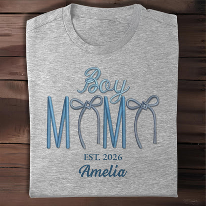 Boy Mama Est With 3D Embroidery And Blue Bows - Personalized Custom Unisex T-shirt, Hoodie - MOM389_WBAS