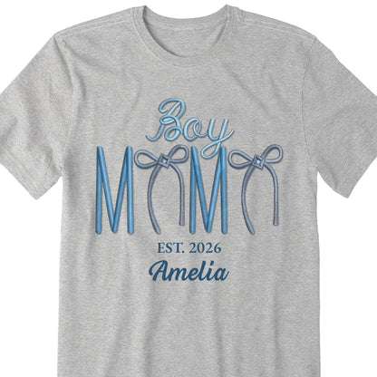 Boy Mama Est With 3D Embroidery And Blue Bows - Personalized Custom Unisex T-shirt, Hoodie - MOM389_WBAS