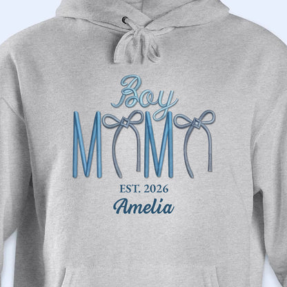 Boy Mama Est With 3D Embroidery And Blue Bows - Personalized Custom Unisex T-shirt, Hoodie - MOM389_WBAS