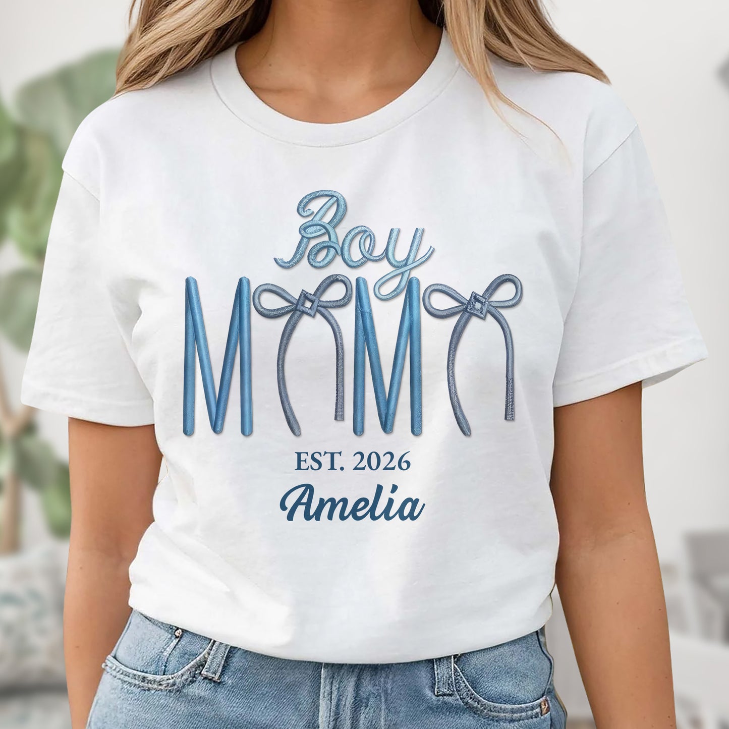 Boy Mama Est With 3D Embroidery And Blue Bows - Personalized Custom Unisex T-shirt, Hoodie - MOM389_WBAS