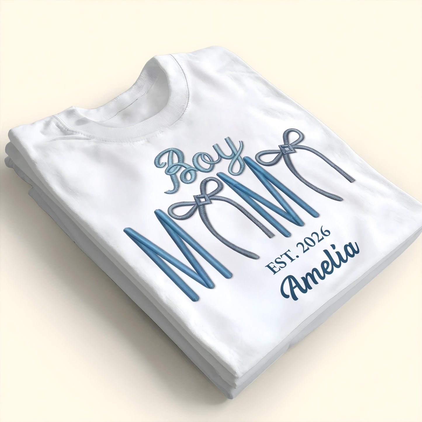 Boy Mama Est With 3D Embroidery And Blue Bows - Personalized Custom Unisex T-shirt, Hoodie - MOM389_WBAS