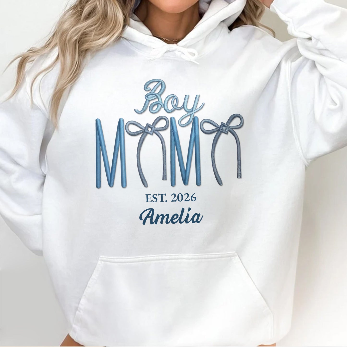 Boy Mama Est With 3D Embroidery And Blue Bows - Personalized Custom Unisex T-shirt, Hoodie - MOM389_WBAS