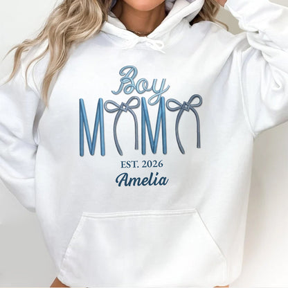 Boy Mama Est With 3D Embroidery And Blue Bows - Personalized Custom Unisex T-shirt, Hoodie - MOM389_WBAS
