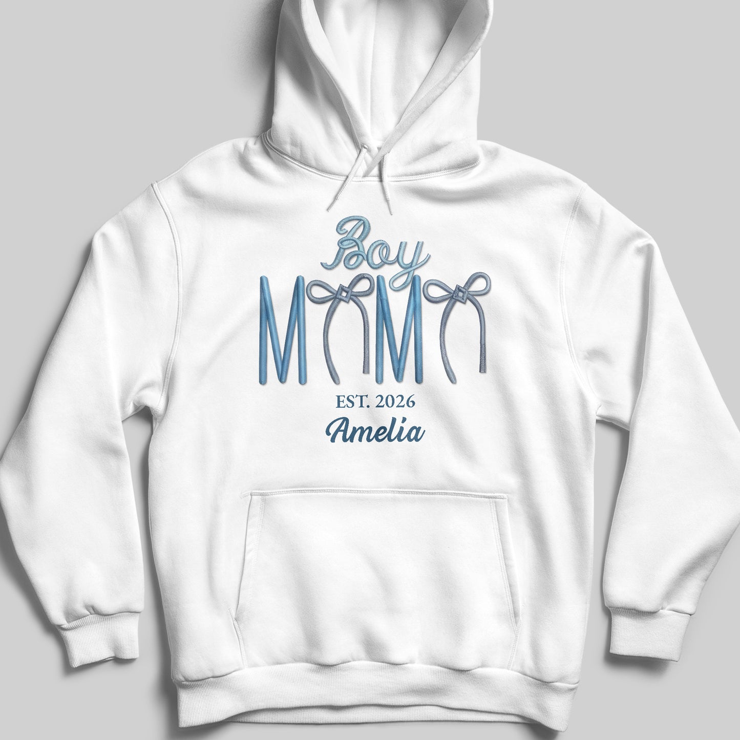 Boy Mama Est With 3D Embroidery And Blue Bows - Personalized Custom Unisex T-shirt, Hoodie - MOM389_WBAS
