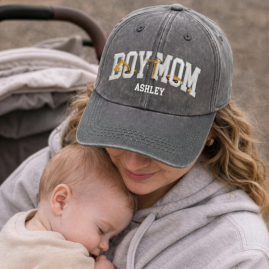 Boy Mom Construction Vehicles Excavator Crane And Dump Truck - Personalized Custom Washed Denim Cap - MOM400_WDCAP