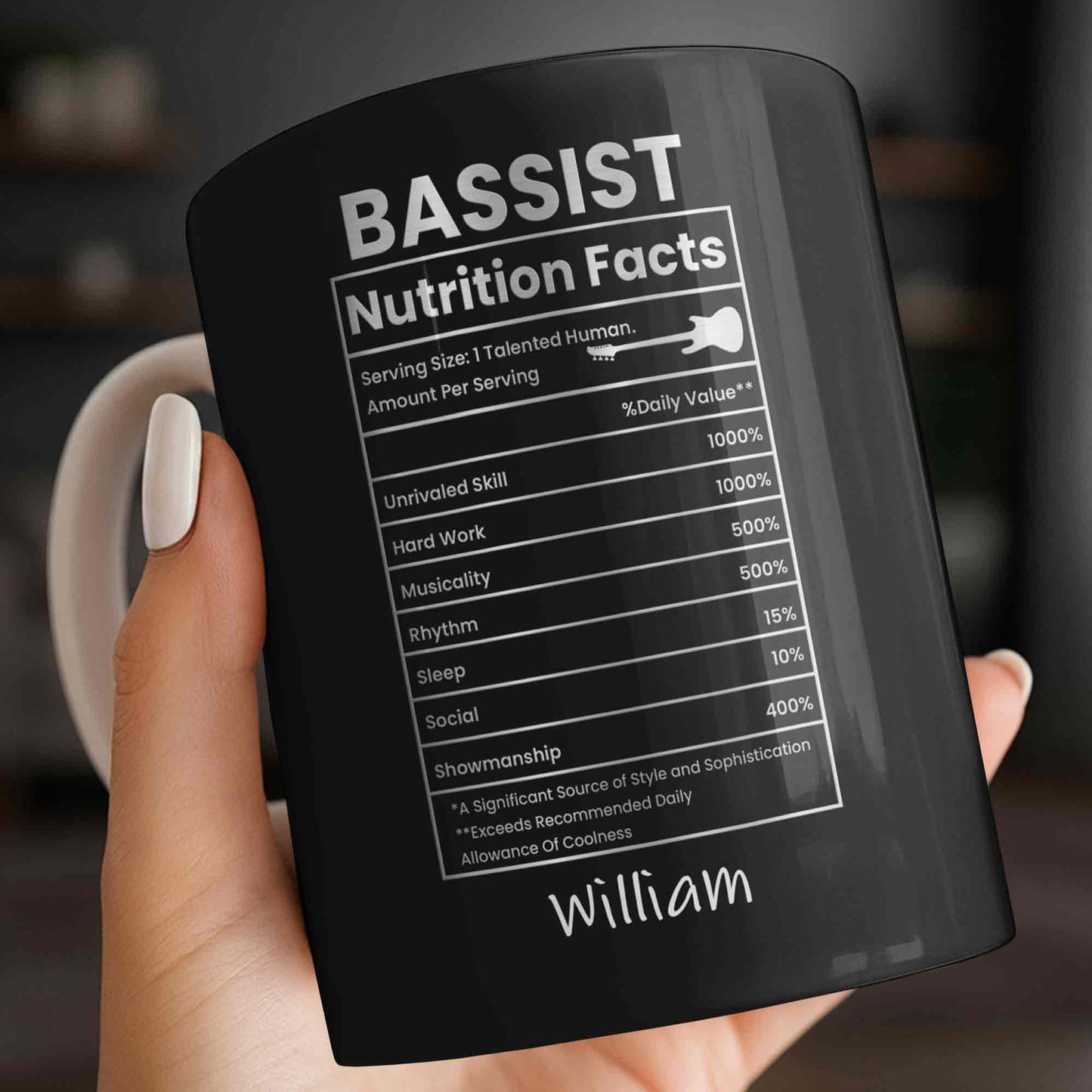 Bassist Nutrition Facts With Bass Guitar Silhouette