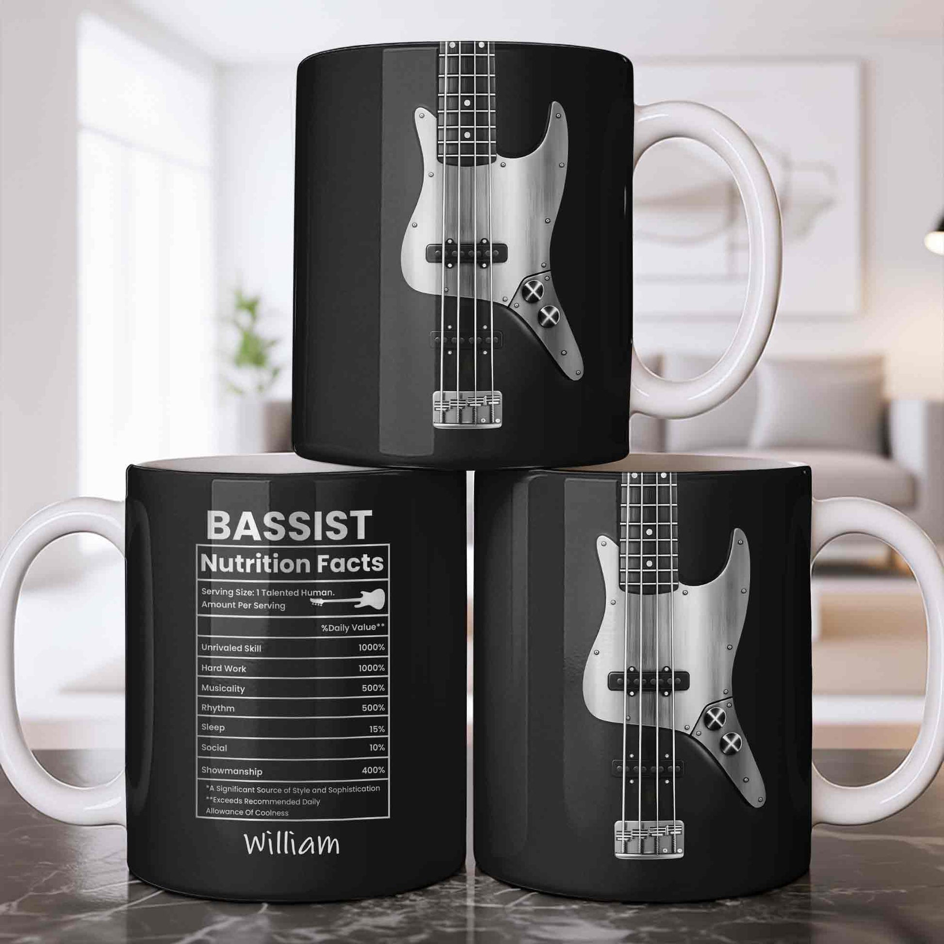 Bassist Nutrition Facts With Bass Guitar Silhouette