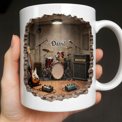 A Musician's Dream Room With Drum Set And Electric Guitar