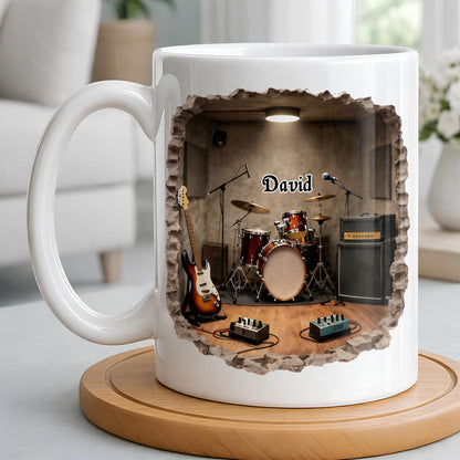 A Musician's Dream Room With Drum Set And Electric Guitar