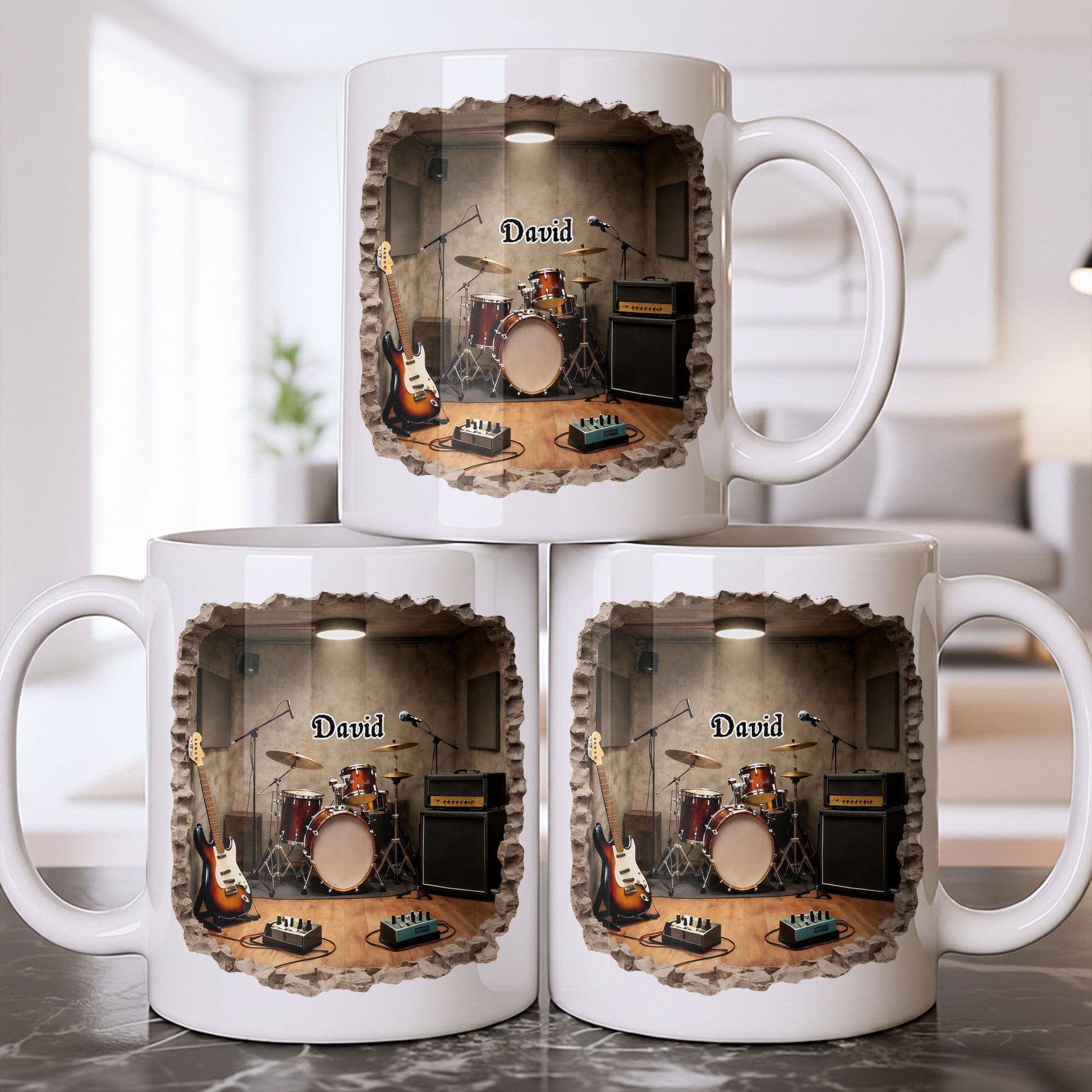 A Musician's Dream Room With Drum Set And Electric Guitar