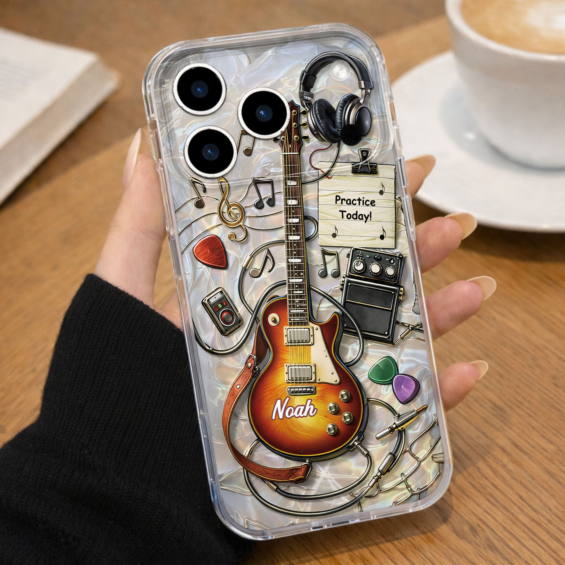 Practice Today Electric Guitar With Music Notes And Headphones