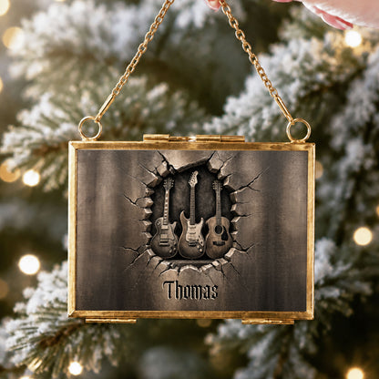 Rocking Through The Holidays Guitars With 3D Effect Cracked Wall - Personalized Metal Frame Ornament - MUSIC097_GOFRO
